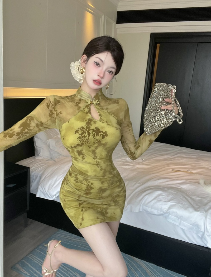 Long sleeve temperament cheongsam package hip dress