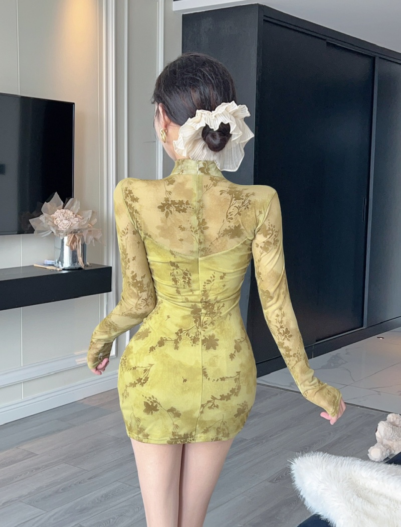 Long sleeve temperament cheongsam package hip dress