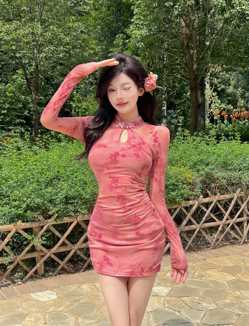 Long sleeve temperament cheongsam package hip dress