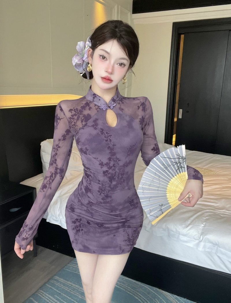 Long sleeve temperament cheongsam package hip dress