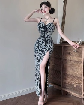 Hollow sexy high slit long sling bottoming dress