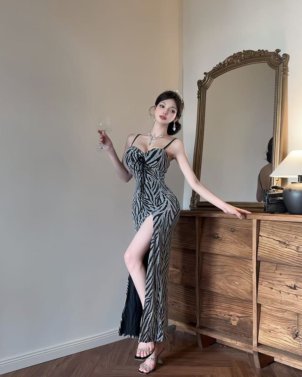 Hollow sexy high slit long sling bottoming dress