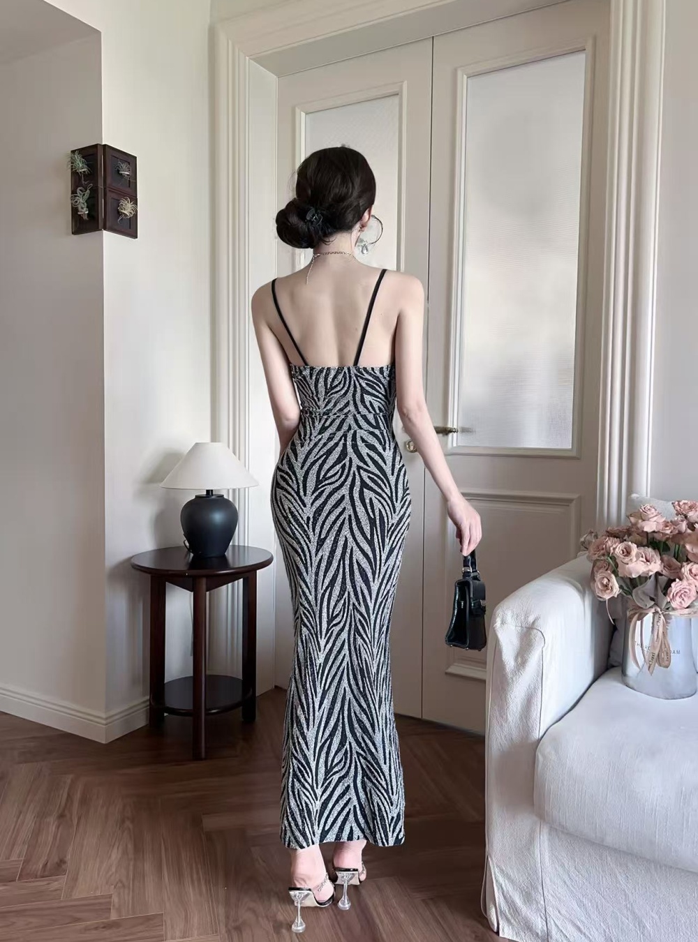Hollow sexy high slit long sling bottoming dress