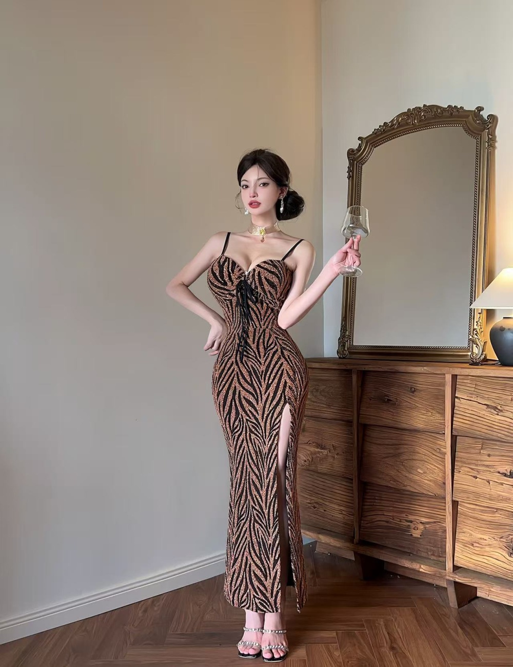 Hollow sexy high slit long sling bottoming dress