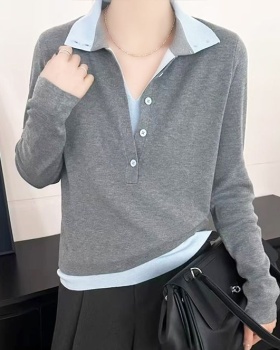Pseudo-two lapel Casual tops splice Korean style sweater