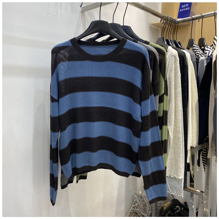 Mixed colors stripe loose long sleeve sweater for women