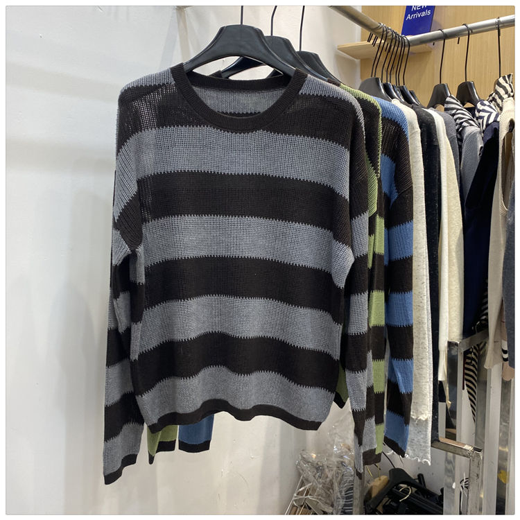 Mixed colors stripe loose long sleeve sweater for women