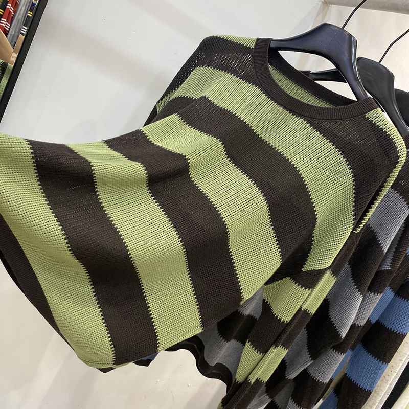 Mixed colors stripe loose long sleeve sweater for women
