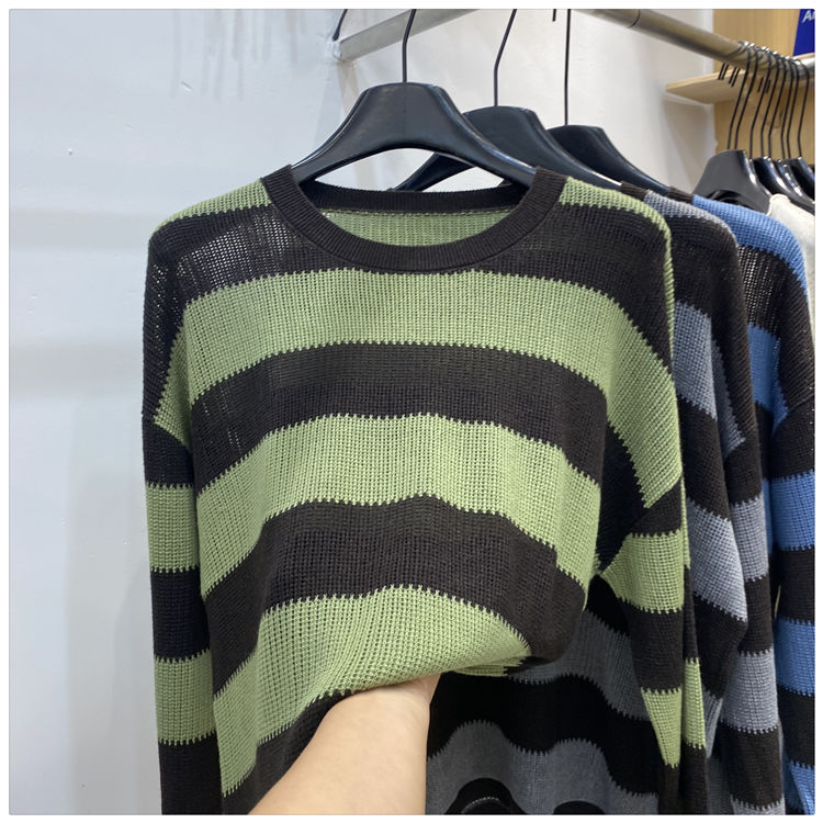Mixed colors stripe loose long sleeve sweater for women