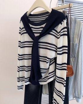 Autumn and winter stripe sweater navy-blue tops 2pcs set for women