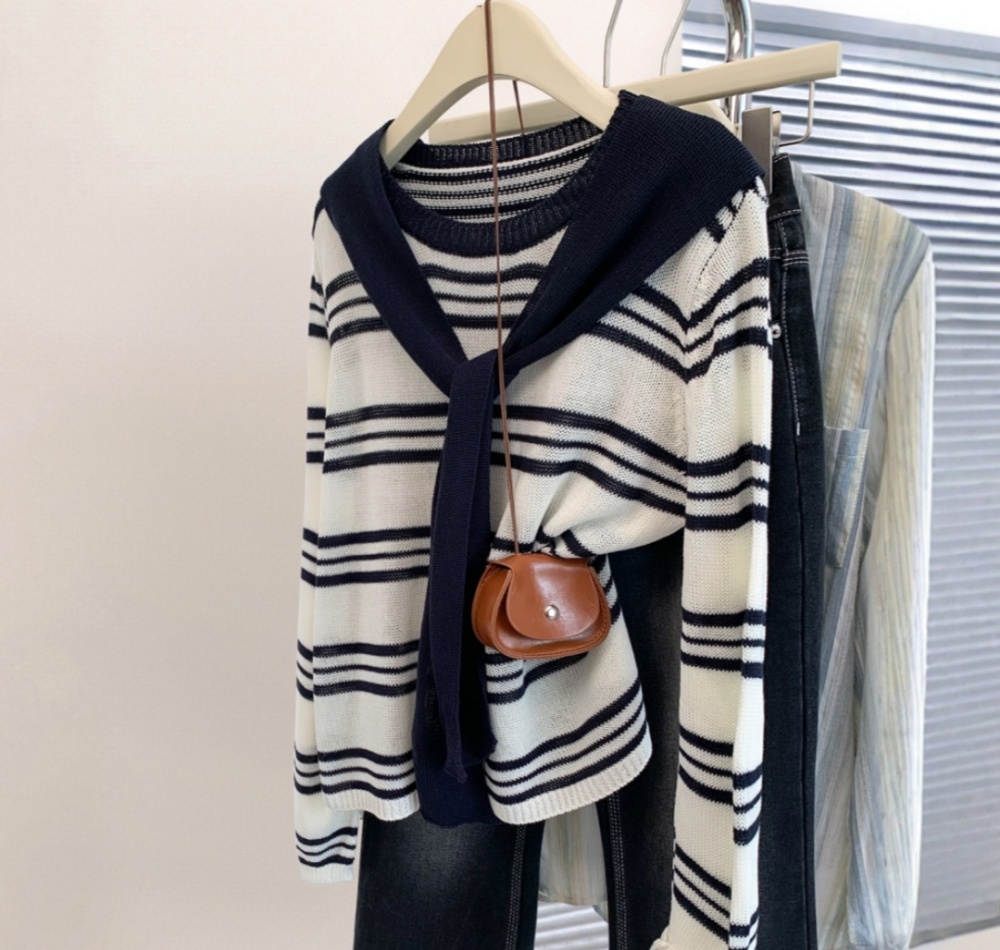 Autumn and winter stripe sweater navy-blue tops 2pcs set for women
