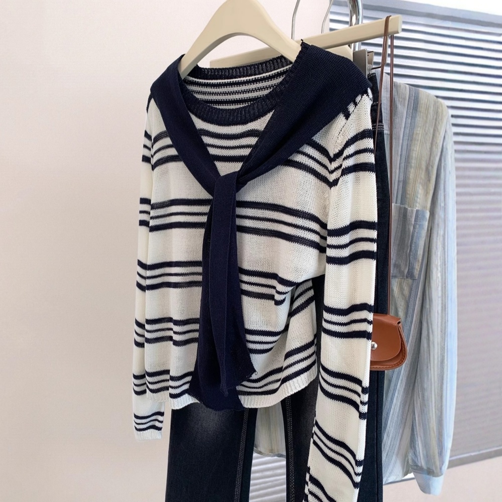 Autumn and winter stripe sweater navy-blue tops 2pcs set for women