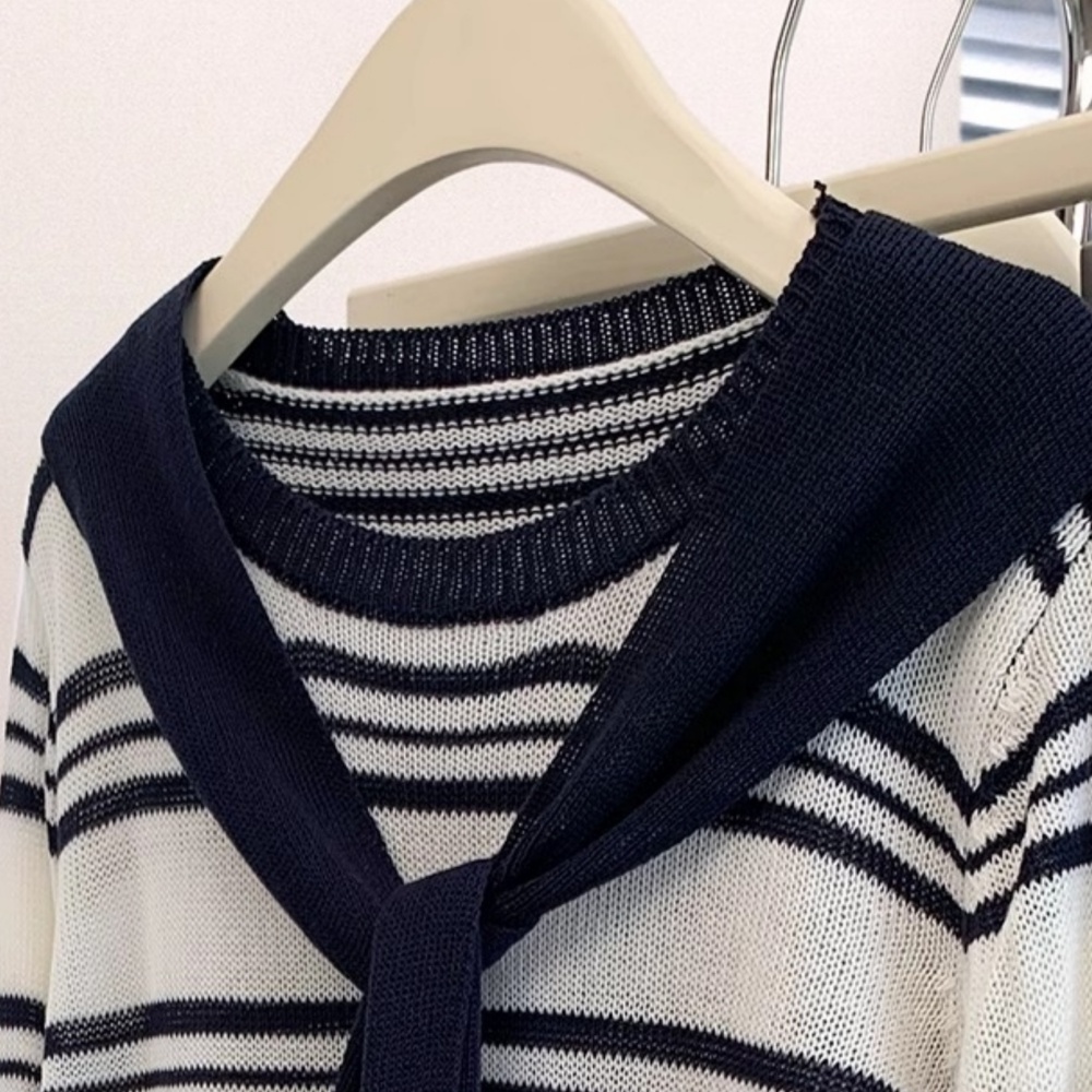 Autumn and winter stripe sweater navy-blue tops 2pcs set for women