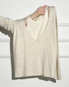 Pseudo-two mixed colors halter long sleeve tops for women