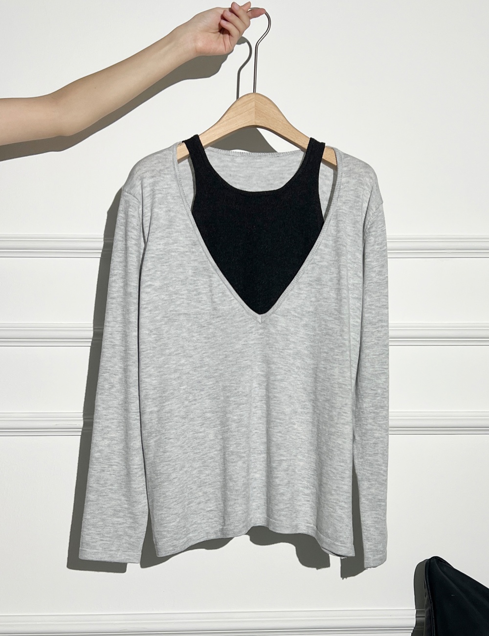 Pseudo-two mixed colors halter long sleeve tops for women
