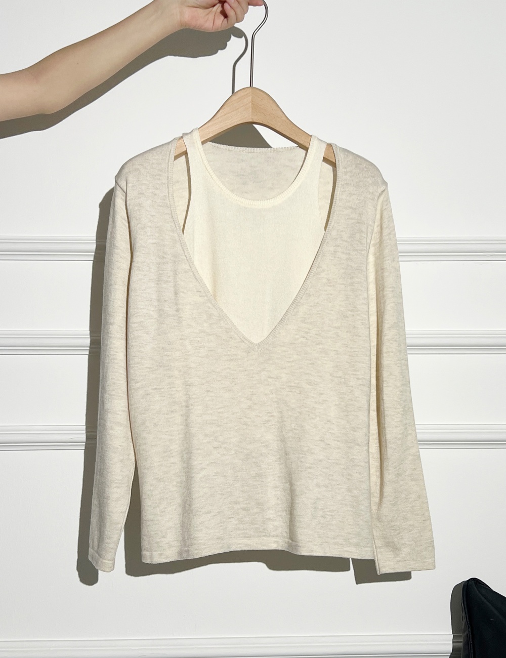 Pseudo-two mixed colors halter long sleeve tops for women
