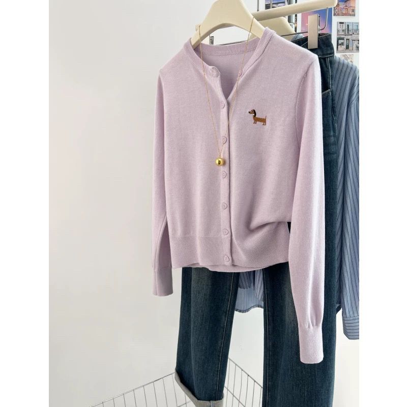 Long sleeve embroidery short tops purple loose cardigan