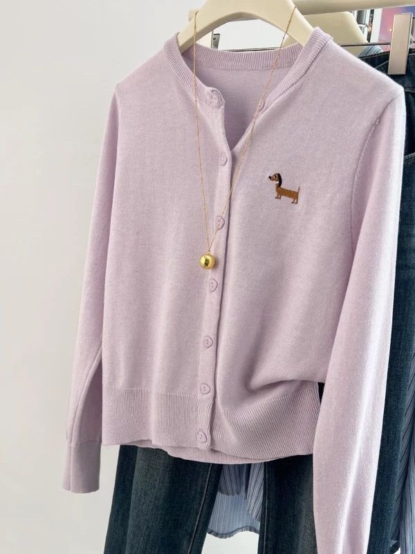 Long sleeve embroidery short tops purple loose cardigan