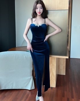 Velvet autumn and winter strap dress banquet formal dress