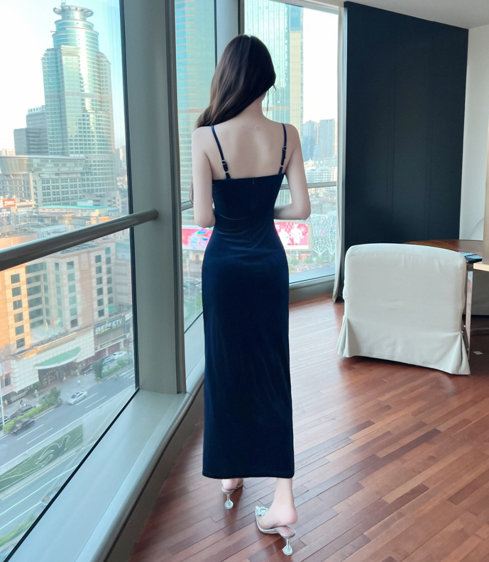 Velvet autumn and winter strap dress banquet formal dress