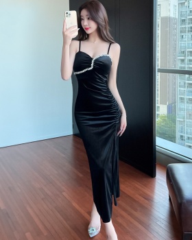 Long golden velvet dress bottoming formal dress
