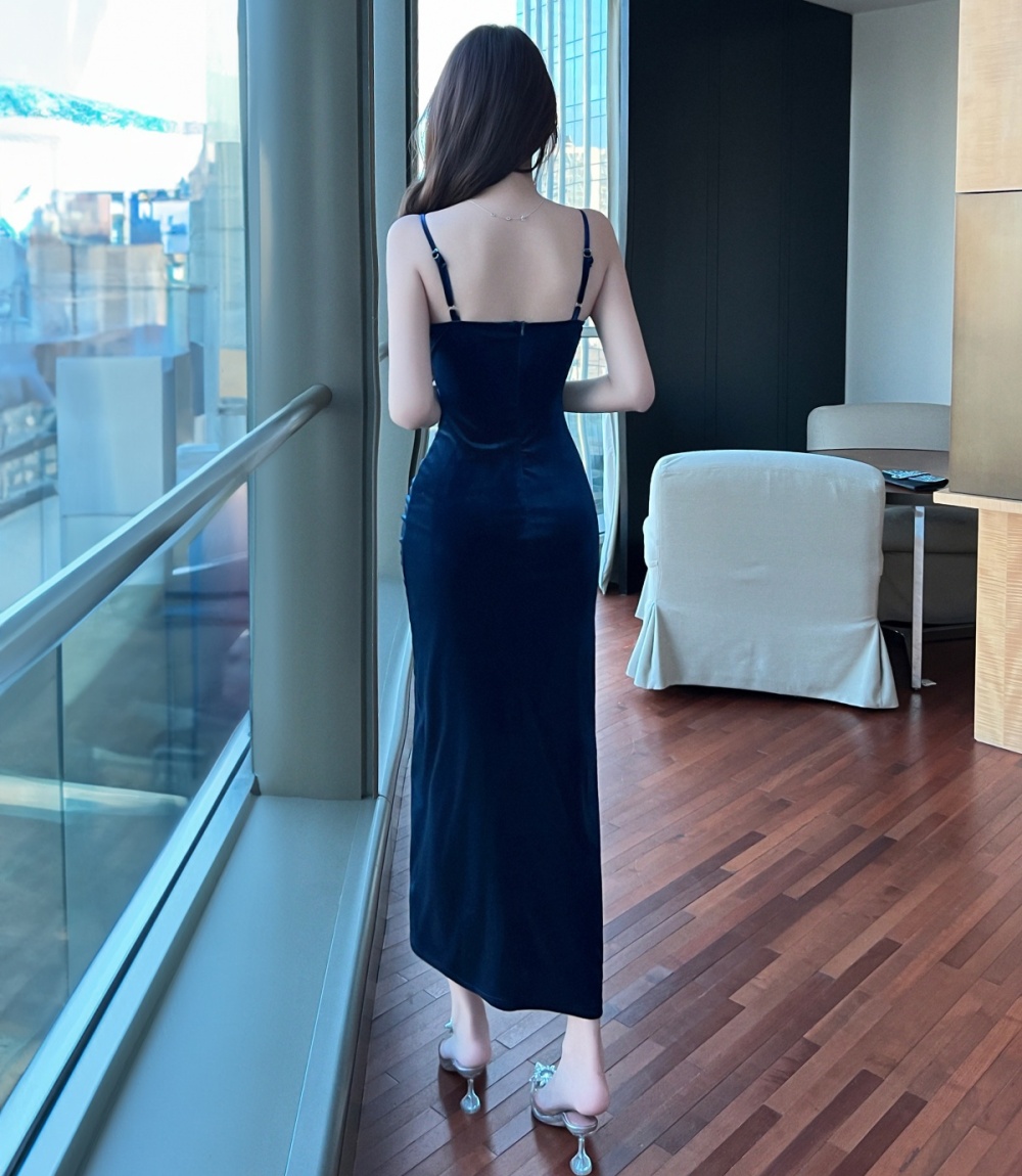 Long golden velvet dress bottoming formal dress
