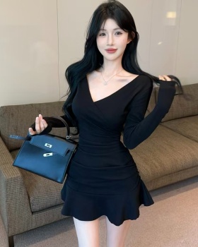 Slim sexy spicegirl pinched waist long sleeve tight dress