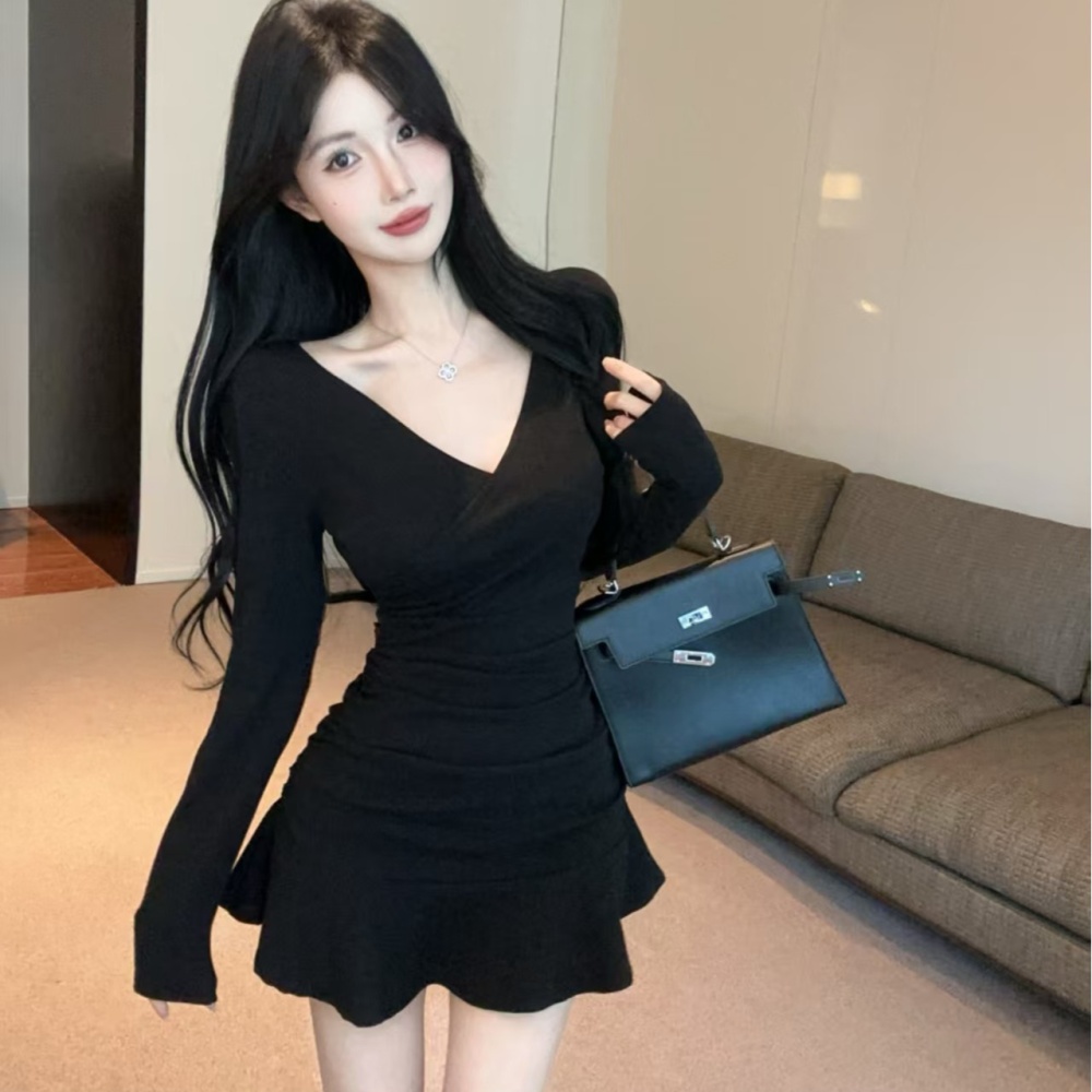 Slim sexy spicegirl pinched waist long sleeve tight dress