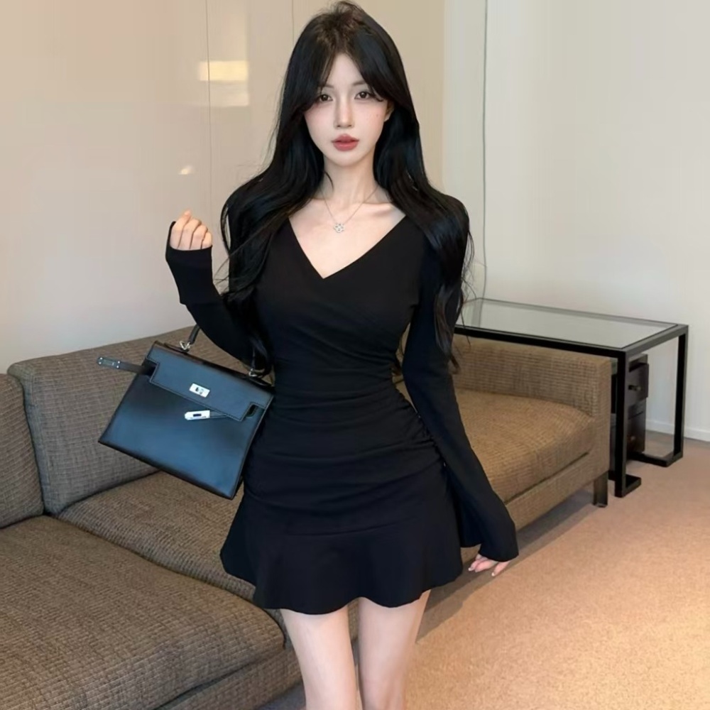 Slim sexy spicegirl pinched waist long sleeve tight dress