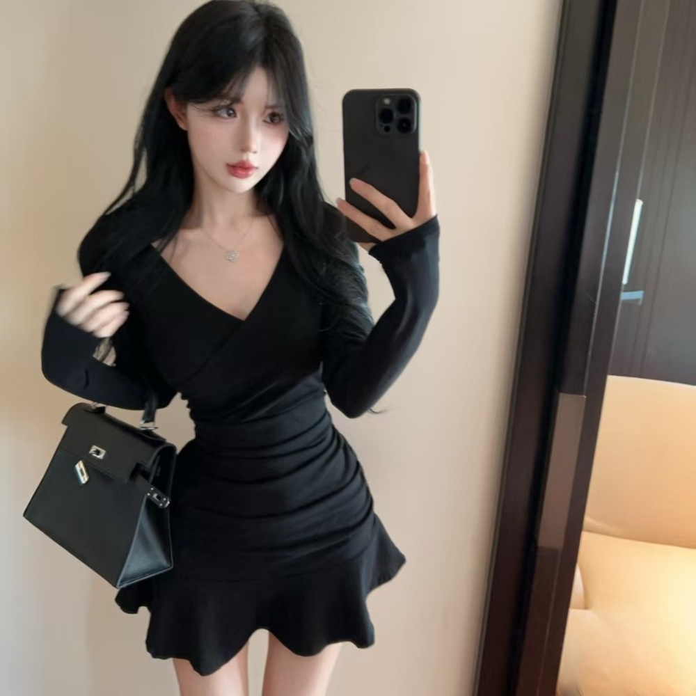 Slim sexy spicegirl pinched waist long sleeve tight dress