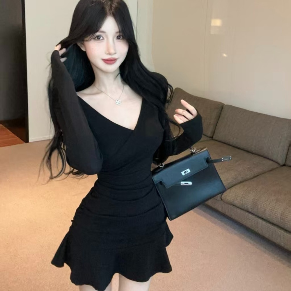 Slim sexy spicegirl pinched waist long sleeve tight dress