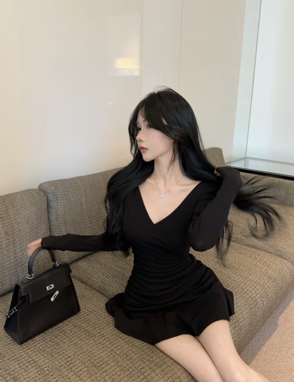 Slim sexy spicegirl pinched waist long sleeve tight dress
