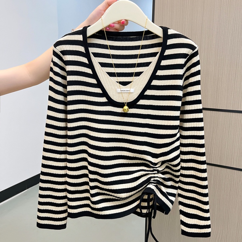 Pseudo-two drawstring tops bottoming stripe sweater