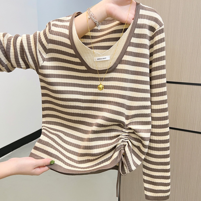 Pseudo-two drawstring tops bottoming stripe sweater