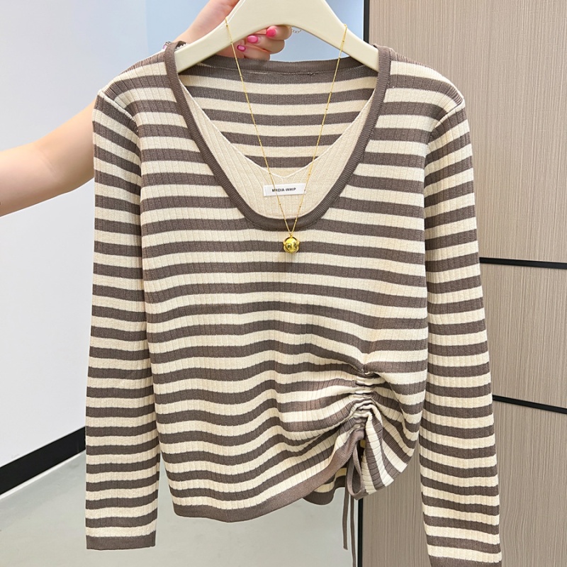 Pseudo-two drawstring tops bottoming stripe sweater