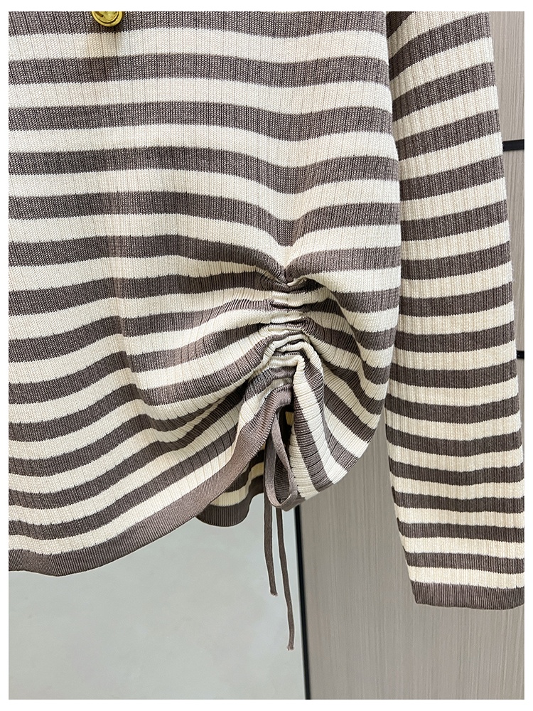 Pseudo-two drawstring tops bottoming stripe sweater