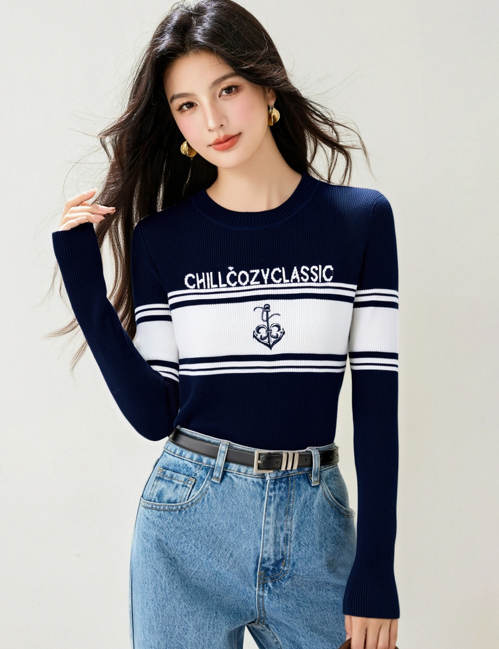 All-match long sleeve sweater round neck coat for women