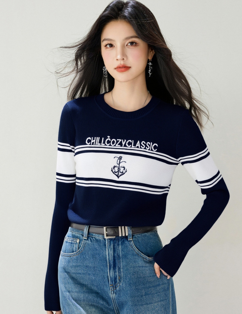 All-match long sleeve sweater round neck coat for women