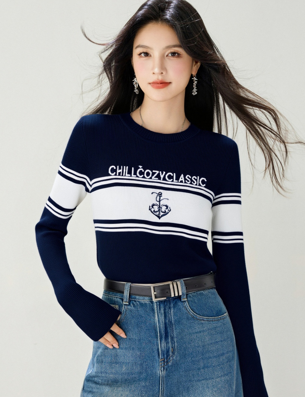 All-match long sleeve sweater round neck coat for women