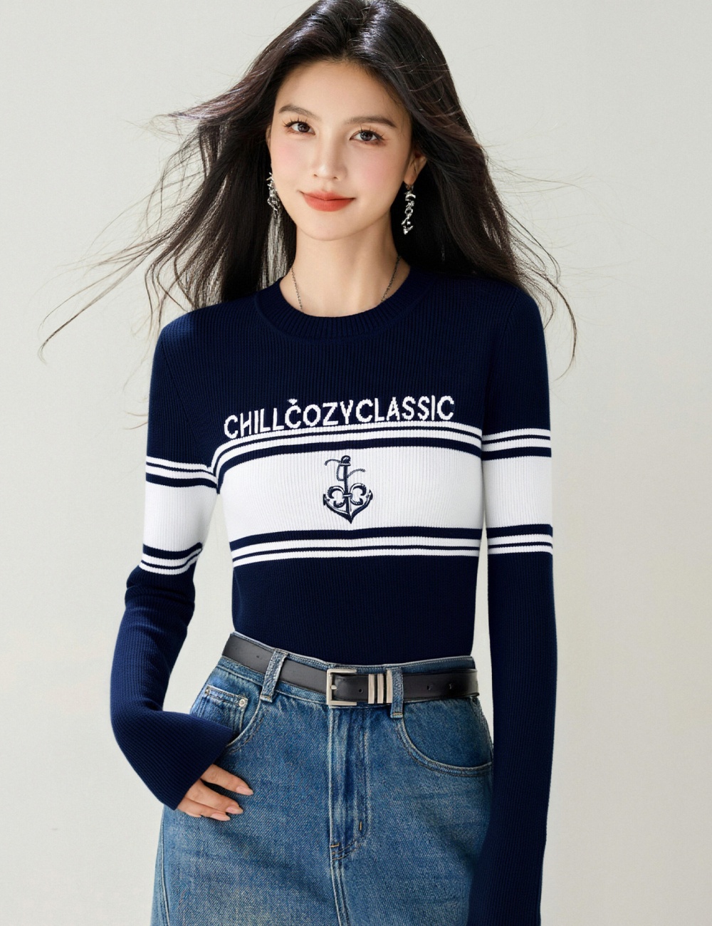 All-match long sleeve sweater round neck coat for women