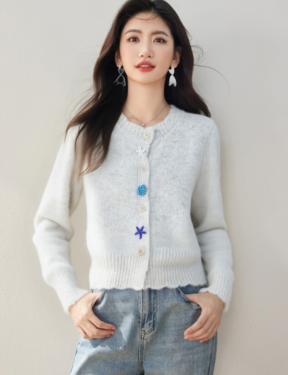 Buckle knitted sweater shell loose cardigan for women