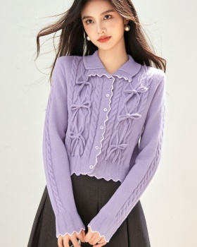 Tender autumn short cardigan slim twist bow tops for women