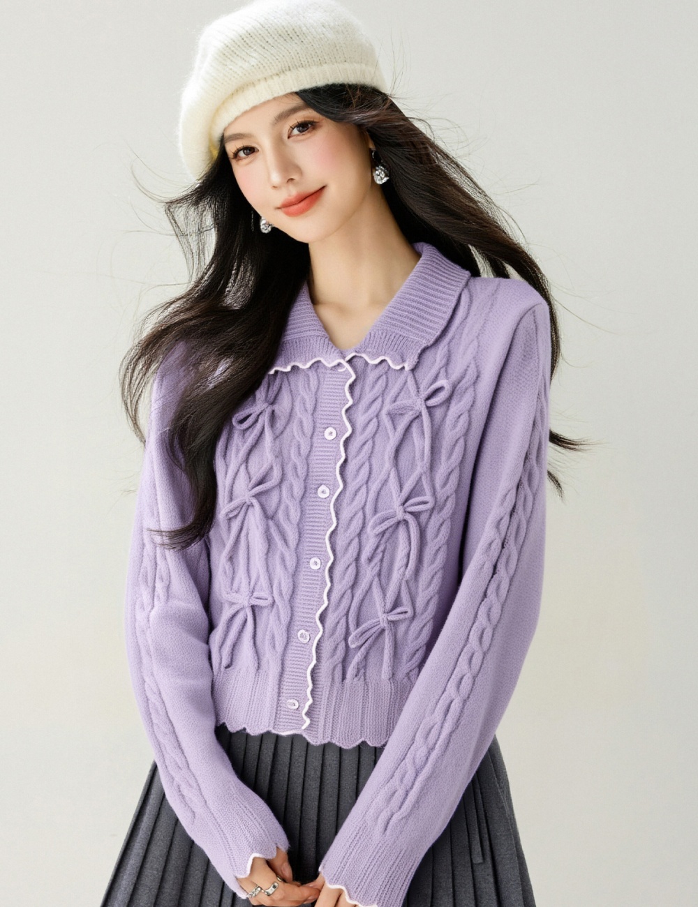 Tender autumn short cardigan slim twist bow tops for women