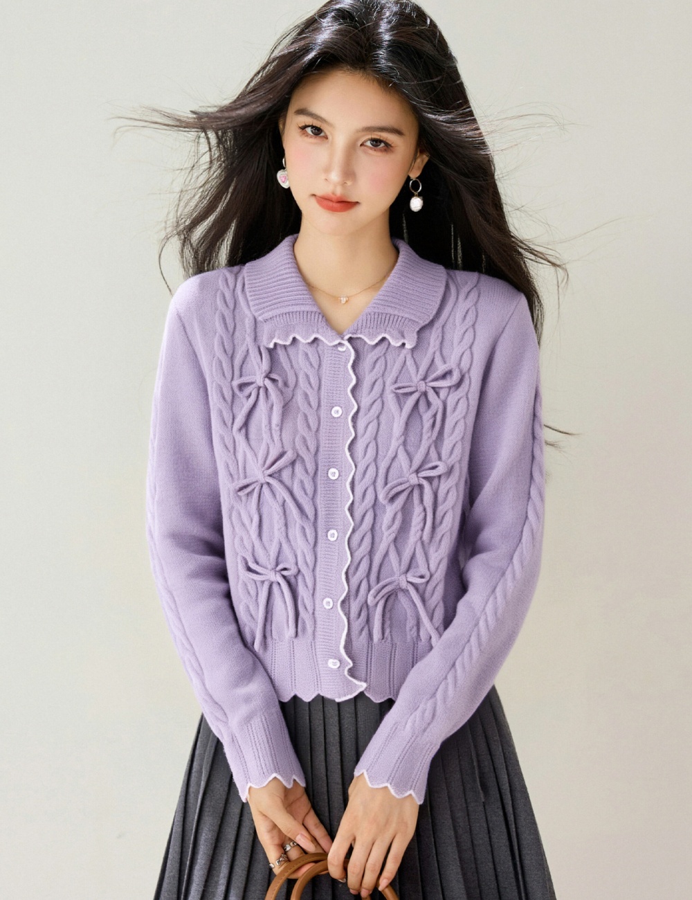 Tender autumn short cardigan slim twist bow tops for women