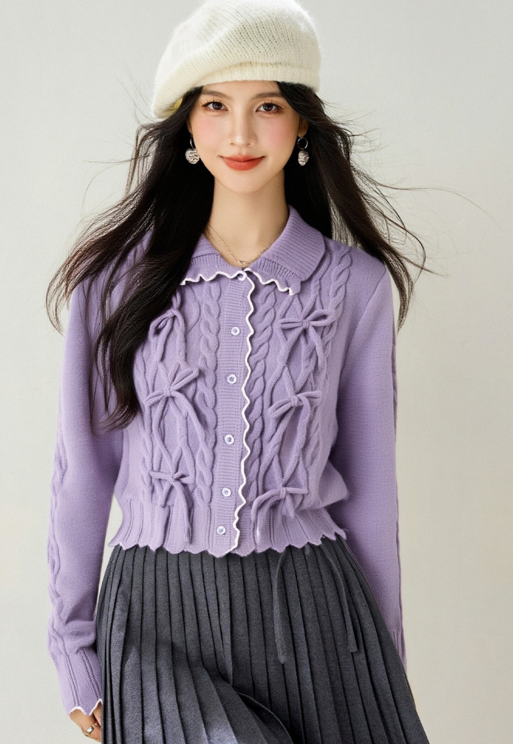 Tender autumn short cardigan slim twist bow tops for women