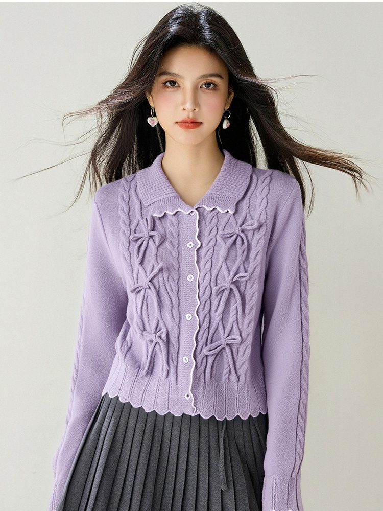 Tender autumn short cardigan slim twist bow tops for women