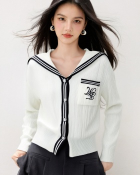 Knitted college style jacket stripe navy collar cardigan