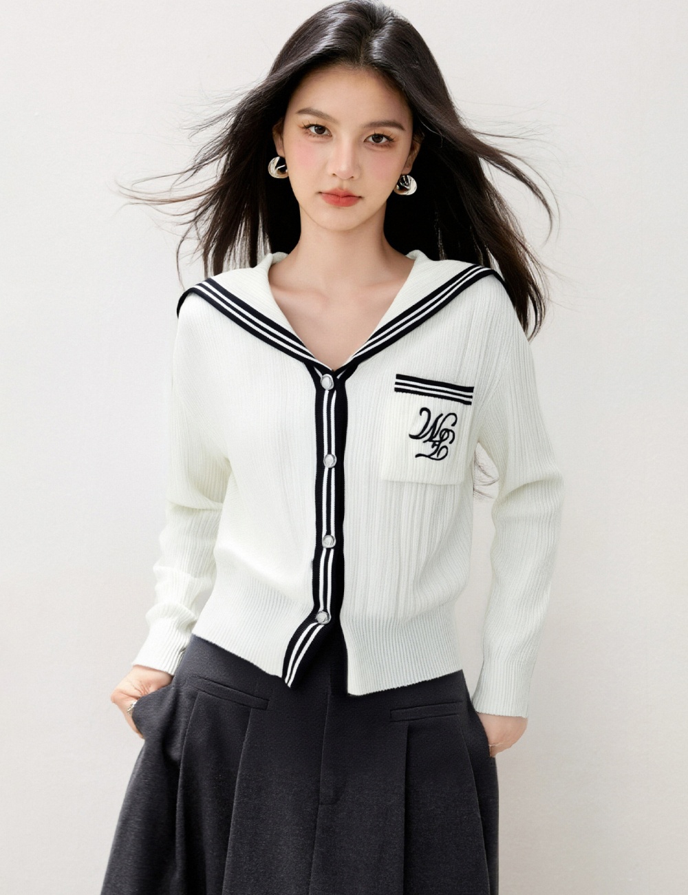 Knitted college style jacket stripe navy collar cardigan