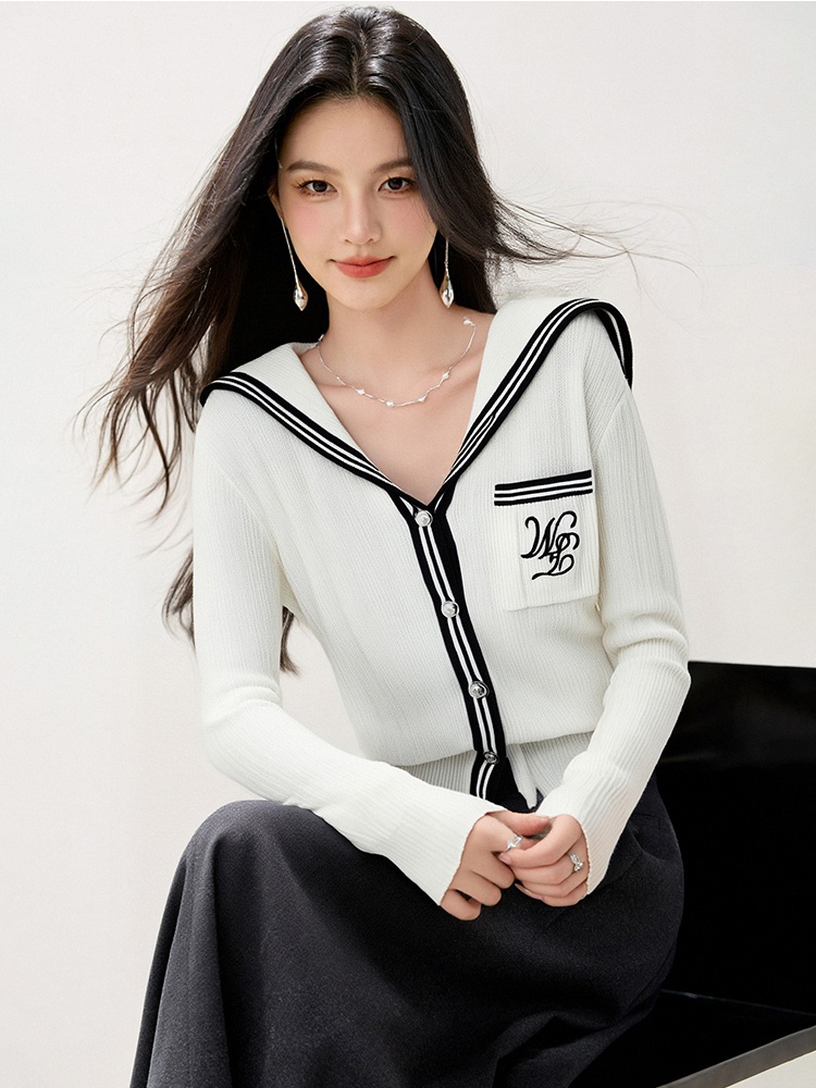 Knitted college style jacket stripe navy collar cardigan