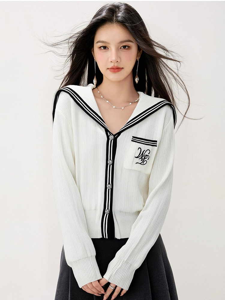 Knitted college style jacket stripe navy collar cardigan